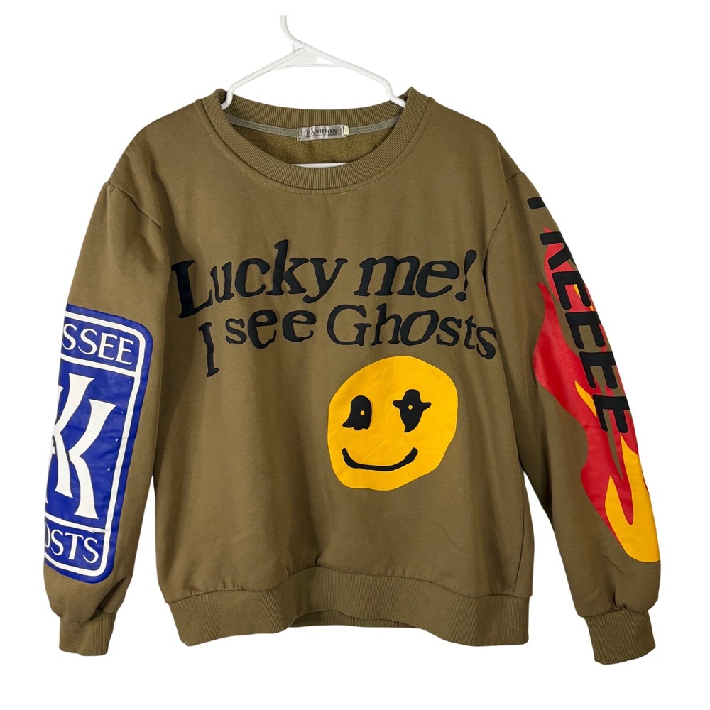 Kids See Ghosts Lucky Me I See Ghosts Sweatshirt Olive Green Graphic Crewneck L